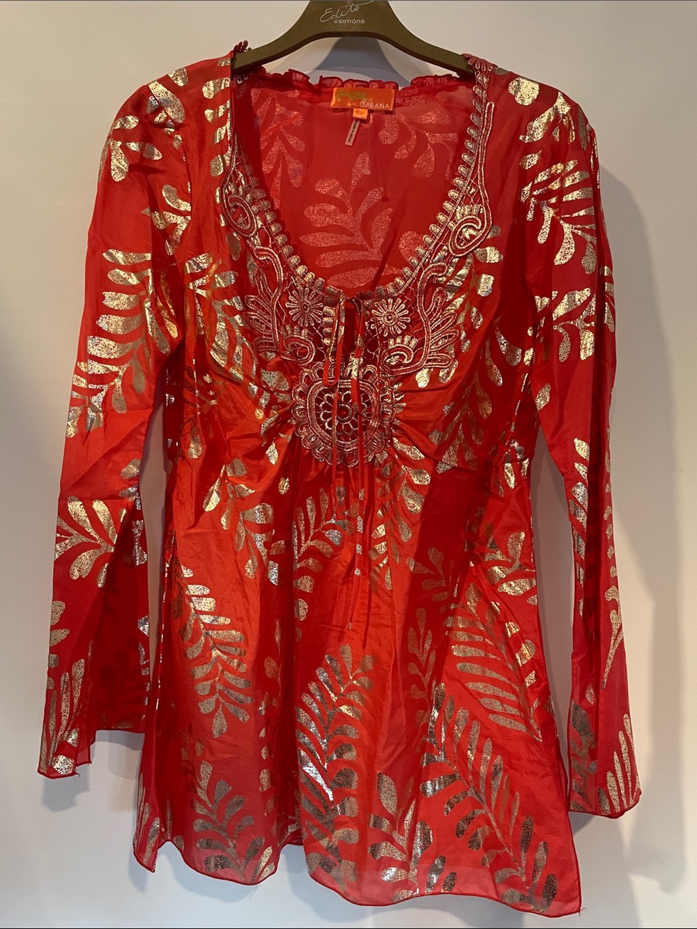 Hale Bob Red Orange Silk Cotton Blouse with Gold Metallic Leaf Print NWOT S